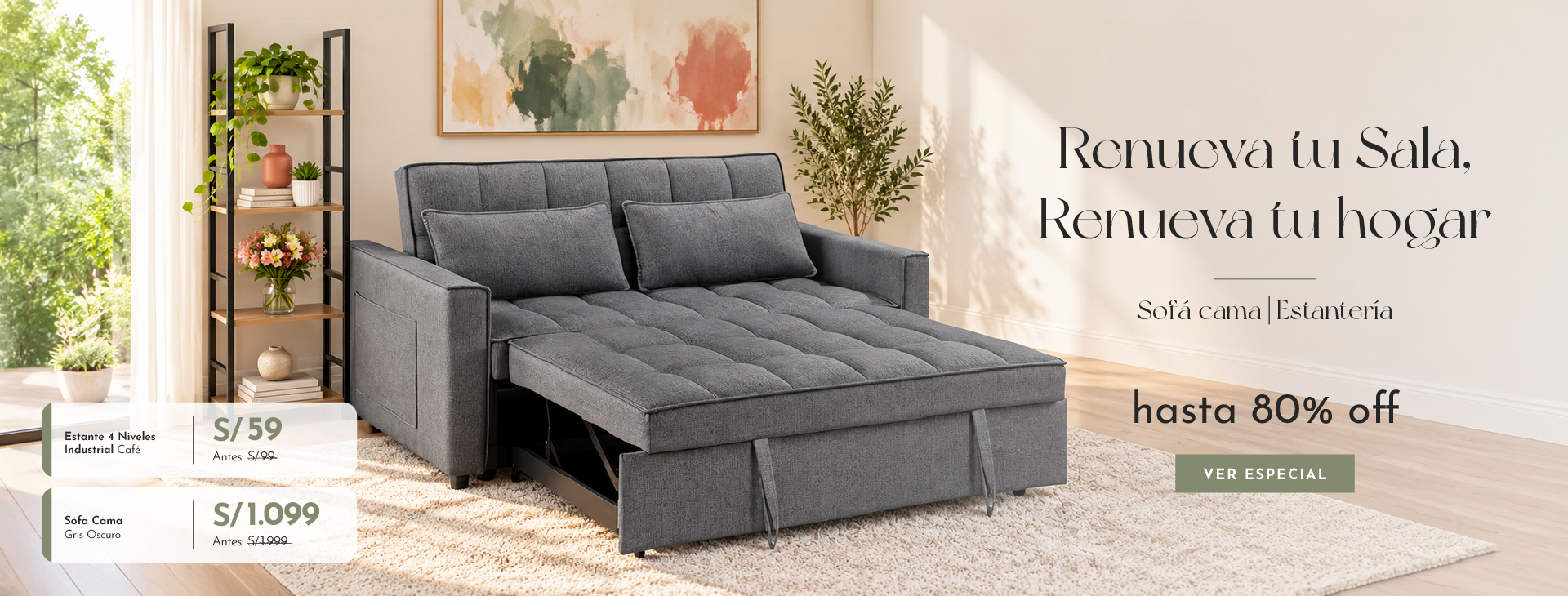 Renueva tu sala, renueva tu hogar: sofá cama y estantería con hasta 80% off